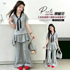 批发女童2026<b class='q'>夏</b>季新韩系纯色天丝棉薄款褶皱短袖体恤屁帘喇叭长裤套装