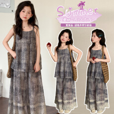 批发女童国风水墨画<b class='q'>夏</b>装2026新款中大童吊带上衣阔腿裤直筒裤套装轻薄