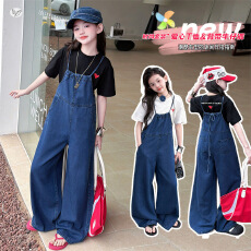 批发女童韩系牛仔背带裤套装2026<b class='q'>夏</b>新款中大童净色阔腿裤绣花短袖T恤