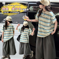 批发女童<b class='q'>夏</b>装2026新款条纹POLO衫花苞裤套装中大童休闲撞色短袖阔腿裤