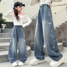 批发女童夏季薄款牛仔裤2026新款中大童侧边烫钻弯刀裤阔腿裤休闲长裤