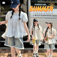 批发女童套装<b class='q'>夏</b>装2026新款儿童<b class='q'>夏</b>季娃娃衫短袖上衣女大童洋气牛仔短裤