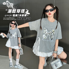 批发女童亮片蝴蝶T恤花苞裙套装2026<b class='q'>夏</b>新款中大童花边开叉短袖半身裙