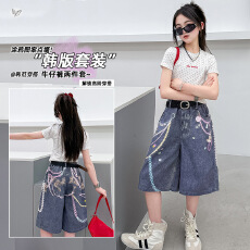 女童波点T恤数码印花中裤套装2026夏新款中大童休闲短袖五分裤薄