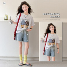 女童夏季百搭短袖T恤套装2026新款儿童牛仔短裤两件套洋气夏装潮