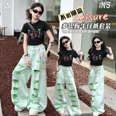 批发女童套装夏季2026新款儿童装时髦夏季<b class='q'>休闲</b>女大童韩版牛仔裤两件套