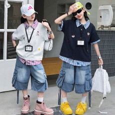 批发女童假两件格子短袖<b class='q'>儿童</b>夏装夏季2026新款小女孩破洞牛仔短裤套装