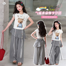 批发女童印花T恤屁帘阔腿裤套装2026夏季新款中大童<b class='q'>休闲</b>短袖上衣长裤