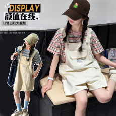 批发女童条纹T恤背带裤套装2026夏季新款中大童韩系撞色短袖阔腿短裤