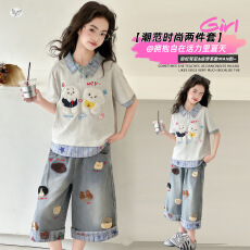 批发女童可爱毛巾绣套装2026夏新款中大童假两件POLO衫阔腿中裤五分裤