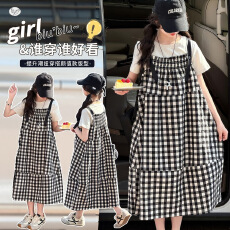 批发夏装女童洋气无袖中长裙2025夏季新款儿童格子大口袋连衣裙大摆裙