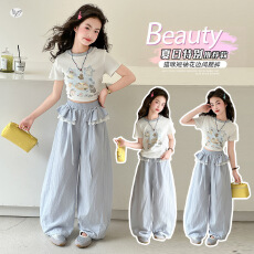 批发女童蕾丝荷叶边阔腿裤2026夏新款中大童阔腿印花短袖T恤弯刀裤薄