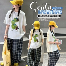 批发女童休闲格子裤套装2026夏季新款中大童宽松印花半袖T恤阔腿长裤