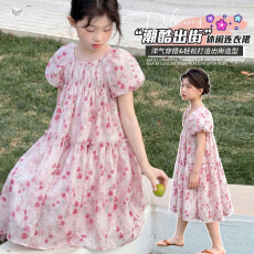 批发<b class='q'>女</b><b class='q'>童</b>粉色碎花<b class='q'>连衣裙</b>2026夏季新款中大童泡泡袖公主裙法式花边长裙