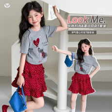 批发女童韩版T恤波点短裙套装女孩洋气时尚2026夏装大童短袖短裙套装