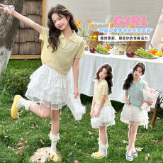 批发女童甜美夏装2026新款中大童蝴蝶结polo衫蕾丝花边蛋糕裙短裙薄款