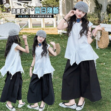 批发女童夏季韩版套装2026新款无袖清新女孩夏日上衣休闲阔腿裤衣服潮