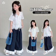 批发韩版童装2026夏季新款儿童蕾丝花边镂空短袖衬衫女童阔腿裤套装新