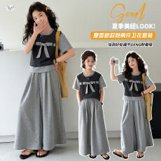 批发女童夏装套装韩系休闲假两件短袖T恤高腰垂感阔腿裤宽松百搭长裤