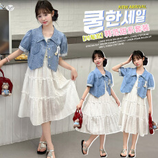 批发<b class='q'>女</b><b class='q'>童</b>韩系夏装2026新款中大童短款牛仔外套无袖<b class='q'>连衣裙</b>背心裙两件套