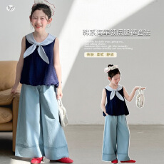批发女童夏季娃娃衫2026新款海军风无袖衬衫儿童百搭阔腿<b class='q'>休闲</b>裤两件套