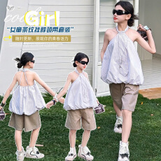 批发女童2026夏季<b class='q'>休闲</b>条纹挂脖背心牛仔短裙两件套装小众设计感童装潮