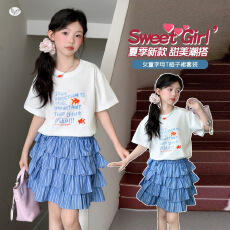 女童韩系童装2026夏季新款儿童字母印花短袖T恤女童洋气裙裤套装