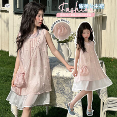 女童粉色花朵连衣裙2026夏新款中大童甜美无袖中长裙背心裙公主裙