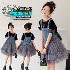批发<b class='q'>女</b><b class='q'>童</b>2026年夏季新款甜美牛仔背带纱裙套装女孩短袖网纱短裙两件套