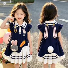 批发<b class='q'>女</b><b class='q'>童</b>2026夏季新款中大童假两件<b class='q'>连衣裙</b>polo领卡通贴布T恤裙百褶裙