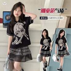 女童2026年夏季新款韩版卡通印花POLO衫短袖T恤短裙套装蛋糕裙裤