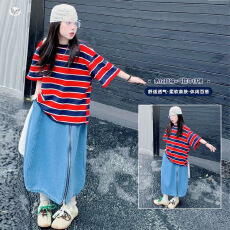 女童2026年夏季韩系宽松条纹T恤牛仔气球半身裙套装女孩大版短袖
