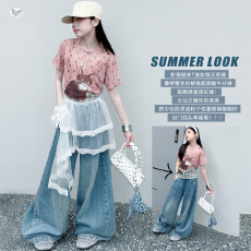 批发女童2026年夏季韩系猫咪T屁帘<b class='q'>牛仔裤</b>套装<b class='q'>儿童</b>修身短袖阔腿裤长裤