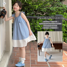 女童2026年夏季新款韩版飞袖条纹拼接连衣裙女孩宽松显瘦娃娃裙潮