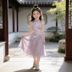 女童紫色国风旗袍裙夏季裙子2026新款儿童新中式连衣裙夏装汉服裙