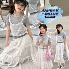 批发<b class='q'>女</b><b class='q'>童</b>假两件吊带上衣花边半身裙套装2026夏新款中大童甜美T恤长裙