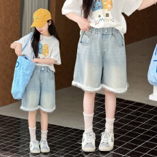批发女童2026年夏季新款花边牛仔短裤中大童<b class='q'>韩版</b>宽松大裤腿五分裤代发
