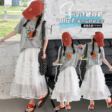 批发<b class='q'>女</b><b class='q'>童</b>2026年夏季新款网纱半身裙套装女孩甜美印花短袖<b class='q'>T</b><b class='q'>恤</b>蛋糕长裙