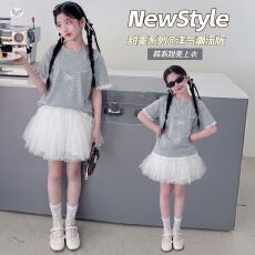 女童2026年夏季甜美网纱短裙短袖套装女孩蕾丝花边T恤蛋糕裙显瘦