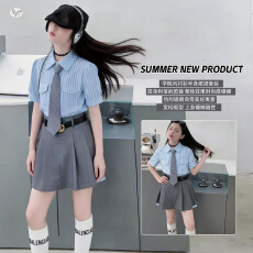 女童学院风夏装2026新款中大童polo领条纹短袖衬衫百褶裙短裙套装