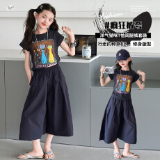 女童2026夏季新款中大儿童卡通猫咪印花T恤阔腿裤七分裤套装薄款