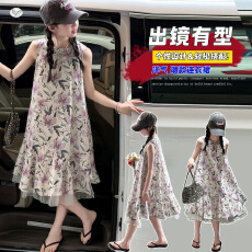 女童小清新碎花连衣裙2026夏季新款中大童无袖背心裙网纱拼接长裙