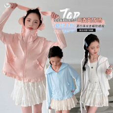 批发<b class='q'>女</b><b class='q'>童</b>防晒衣2026夏新款花边连帽防晒服中大童多巴胺兔耳朵外套凉感