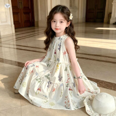 女童甜美连衣裙2026夏季新款中大童无袖碎花背心裙花边中长裙洋气