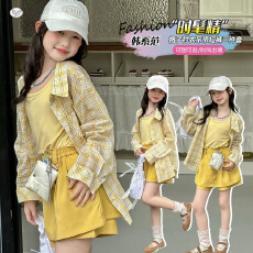 批发<b class='q'>女童</b>防<b class='q'>晒衣</b>套装2026夏季新款中大童格子衬衫防晒服吊带裙裤三件套