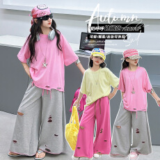 批发<b class='q'>女</b><b class='q'>童</b>2026年夏季新款慵懒风破洞长裤T恤套装中大童宽松T恤阔腿裤潮
