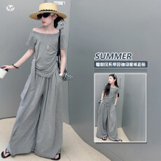 批发<b class='q'>女</b><b class='q'>童</b>慵懒风夏装2026新款中大童系带<b class='q'>修身</b>短袖阔腿裤直筒裤针织套装