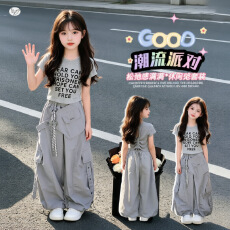 批发<b class='q'>女</b><b class='q'>童</b>2026夏季新款中大童字母印花短袖屁帘工装裤套装洋气阔腿长裤