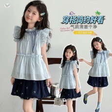 批发<b class='q'>女童</b>202<b class='q'>6</b>夏季新款中大童韩系小飞袖花边上衣蝴蝶结花苞裙<b class='q'>裙裤</b>套装