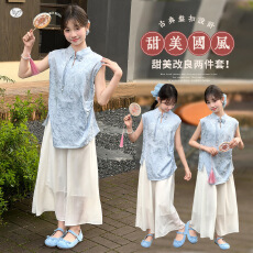 批发<b class='q'>女</b><b class='q'>童</b>国风套装2026夏新款中大童不规则提花上衣阔腿裤凉感长裤套装